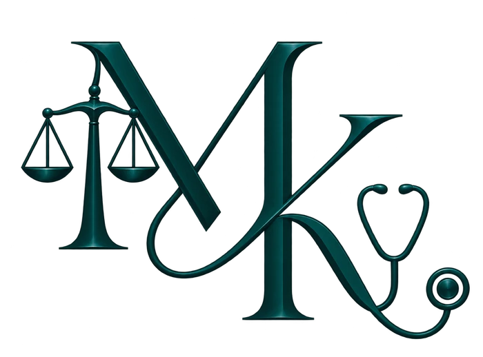 M and K monogram with the scales of justice and a stethoscope